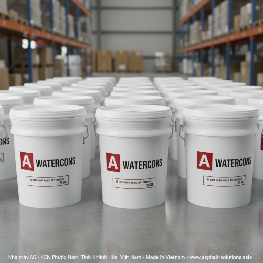 AS Watercons 20 kg plastic drums of carbon-based cold mix asphalt stacked in a warehouse
