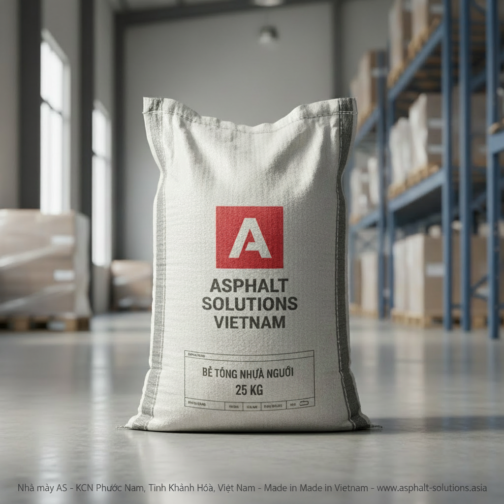 25 kg bag of Asphalt Solutions Vietnam cold mix asphalt with brand logo on the packaging